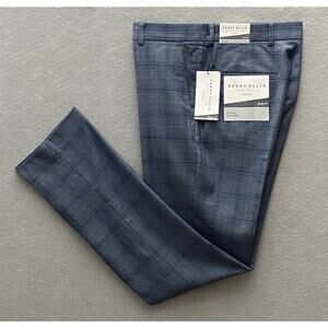 Perry Ellis Portfolio Men's 30x32 Dress Pants Slim Fit Flat Front Blue Check NEW
